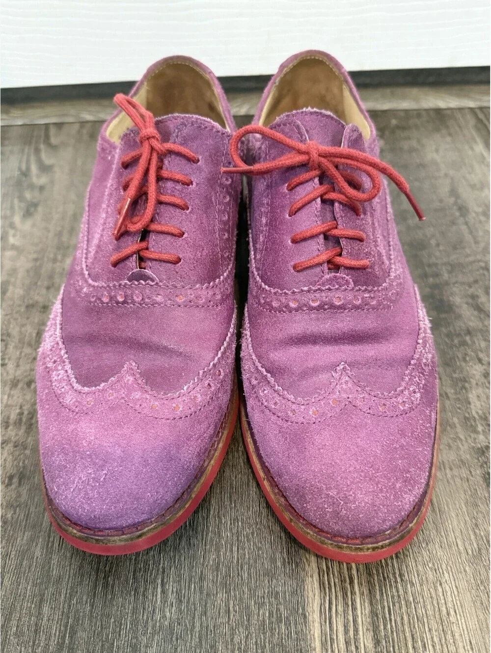 Cole Haan Wingtip Oxford Shoes Womens 7 B Purple Suede Brogue Lace Up